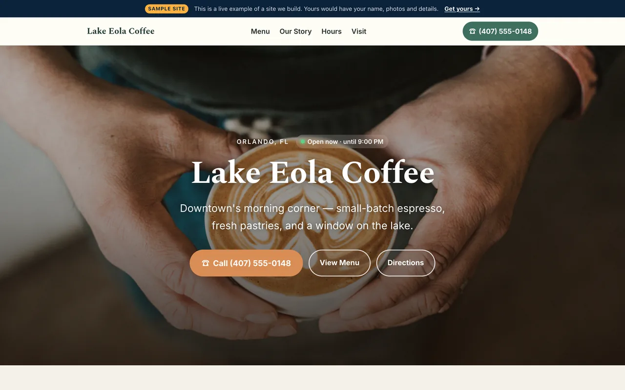 Above-the-fold preview of the Launch-tier restaurant & café sample site built by Florida AI Partners
