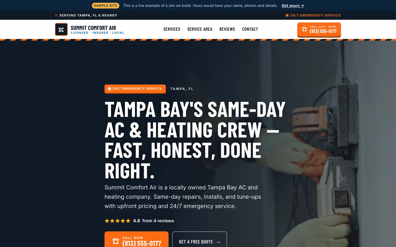 Above-the-fold preview of the Launch-tier home services sample site built by Florida AI Partners