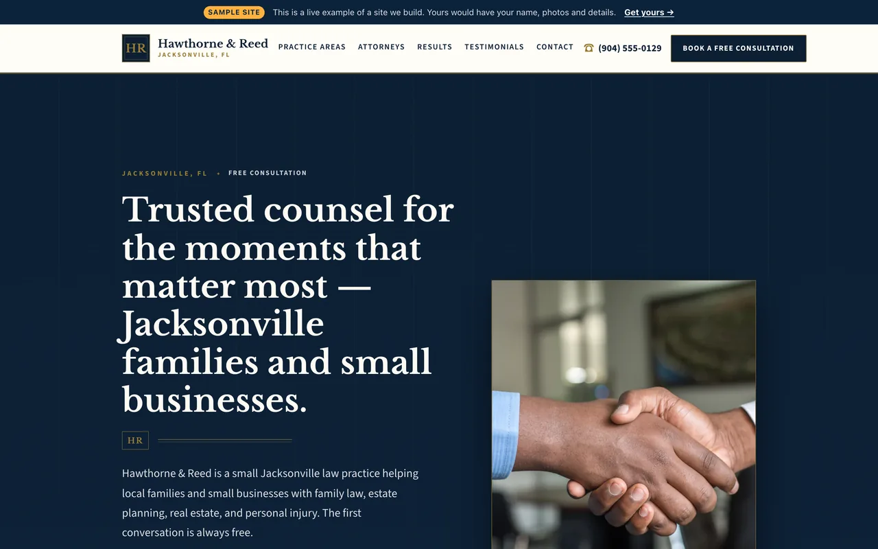 Above-the-fold preview of the Launch-tier professional services sample site built by Florida AI Partners