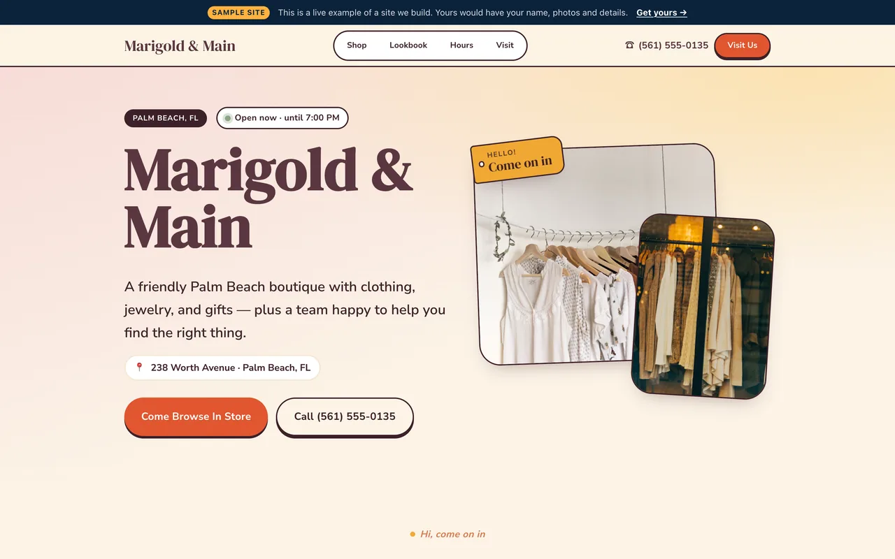 Above-the-fold preview of the Launch-tier retail & boutique sample site built by Florida AI Partners