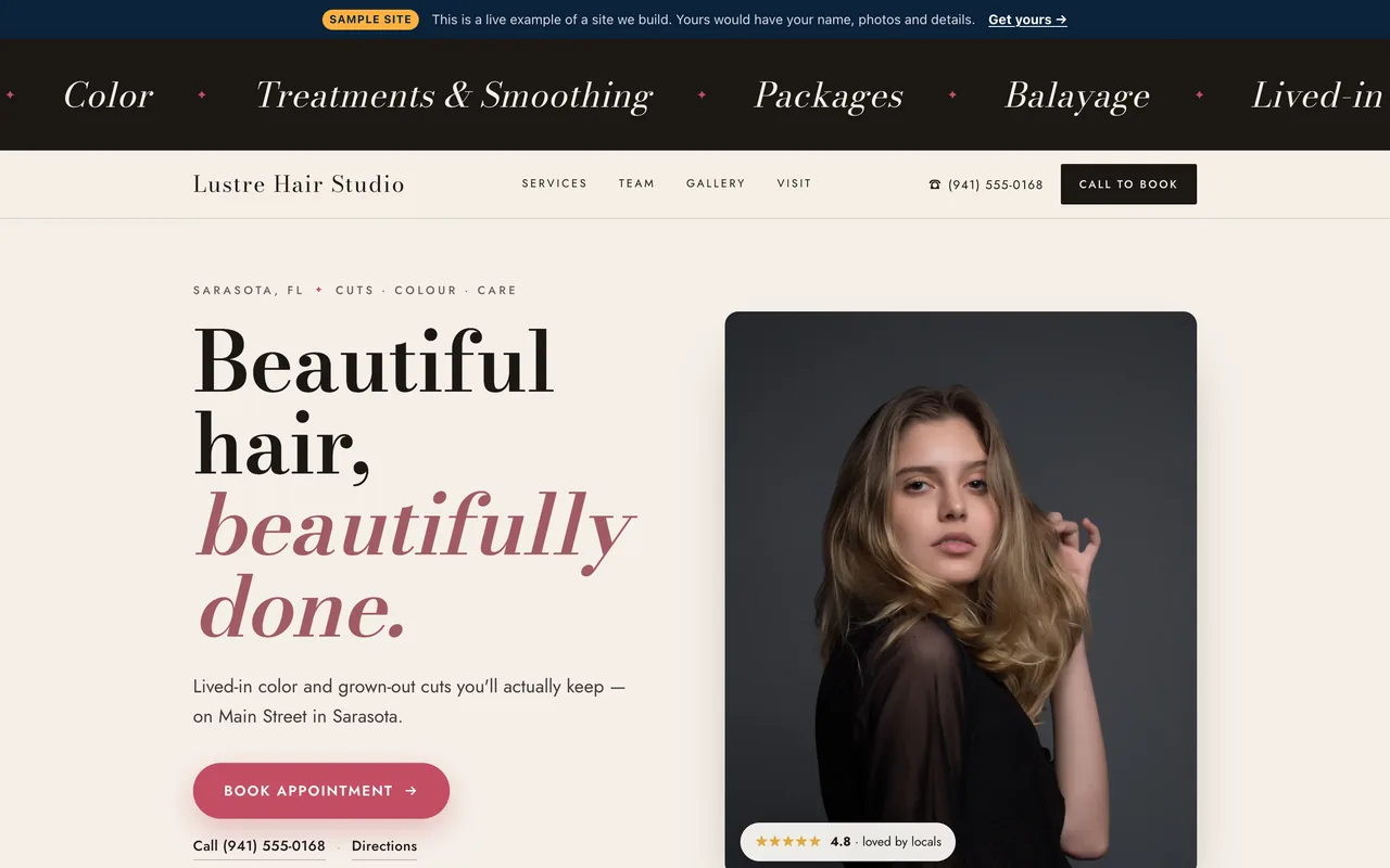 Above-the-fold preview of the Launch-tier salon & barber sample site built by Florida AI Partners