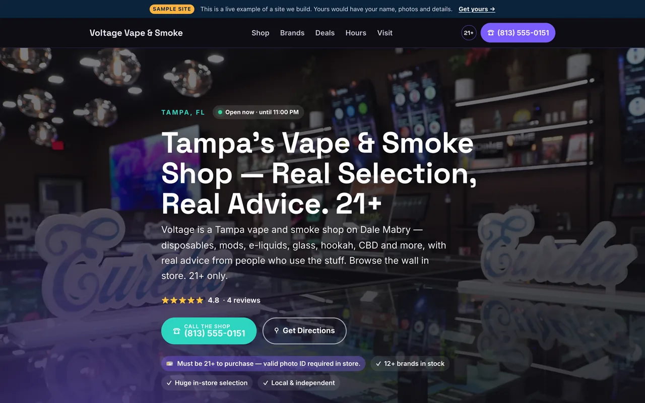 Above-the-fold preview of the Launch-tier vape & smoke shop sample site built by Florida AI Partners